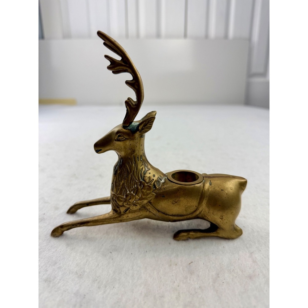Vintage Silvestri Brass Reindeer Deer Candle Holder Floral Christmas Decor Taiwa